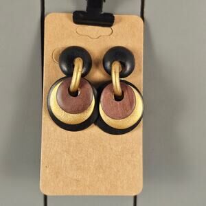 Vintage Style Wooden Disc Drop Earrings Black Brown Gold Boho Retro Jewelry
